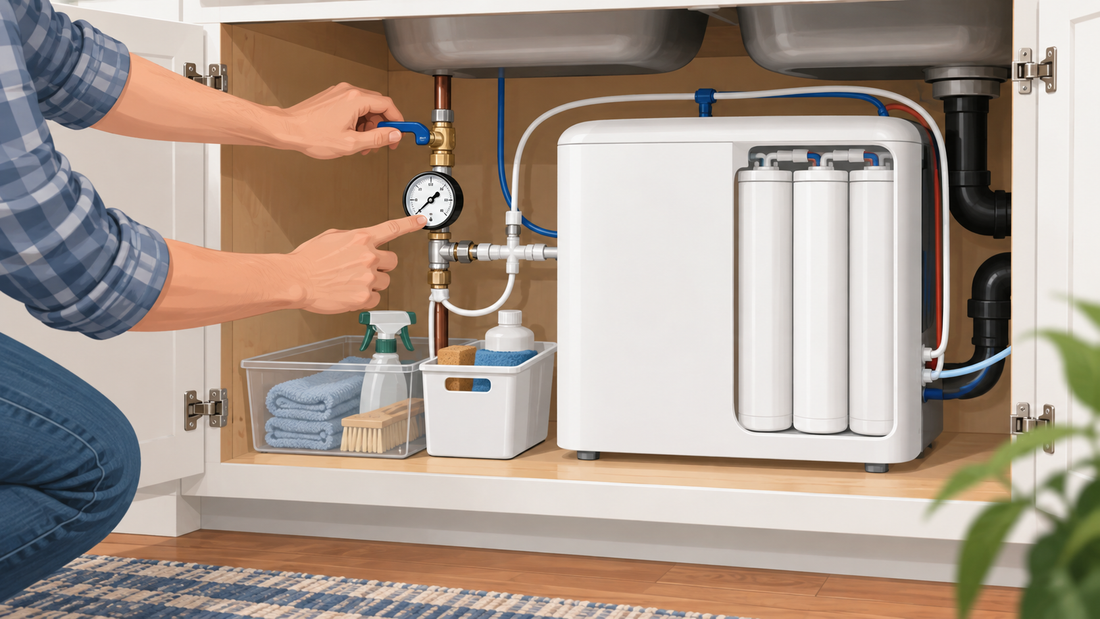 AI-generated illustration of checking under-sink RO feed pressure