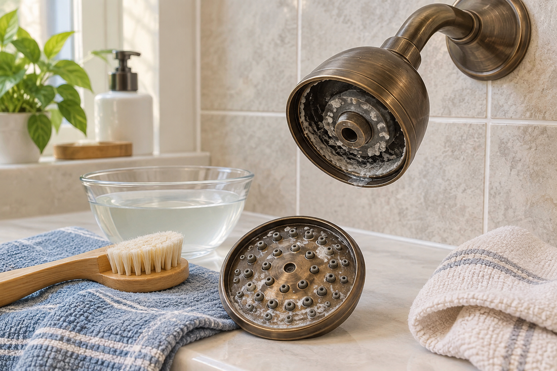 AI-generated illustration of gentle mineral-scale cleaning on a fixed bronze shower head
