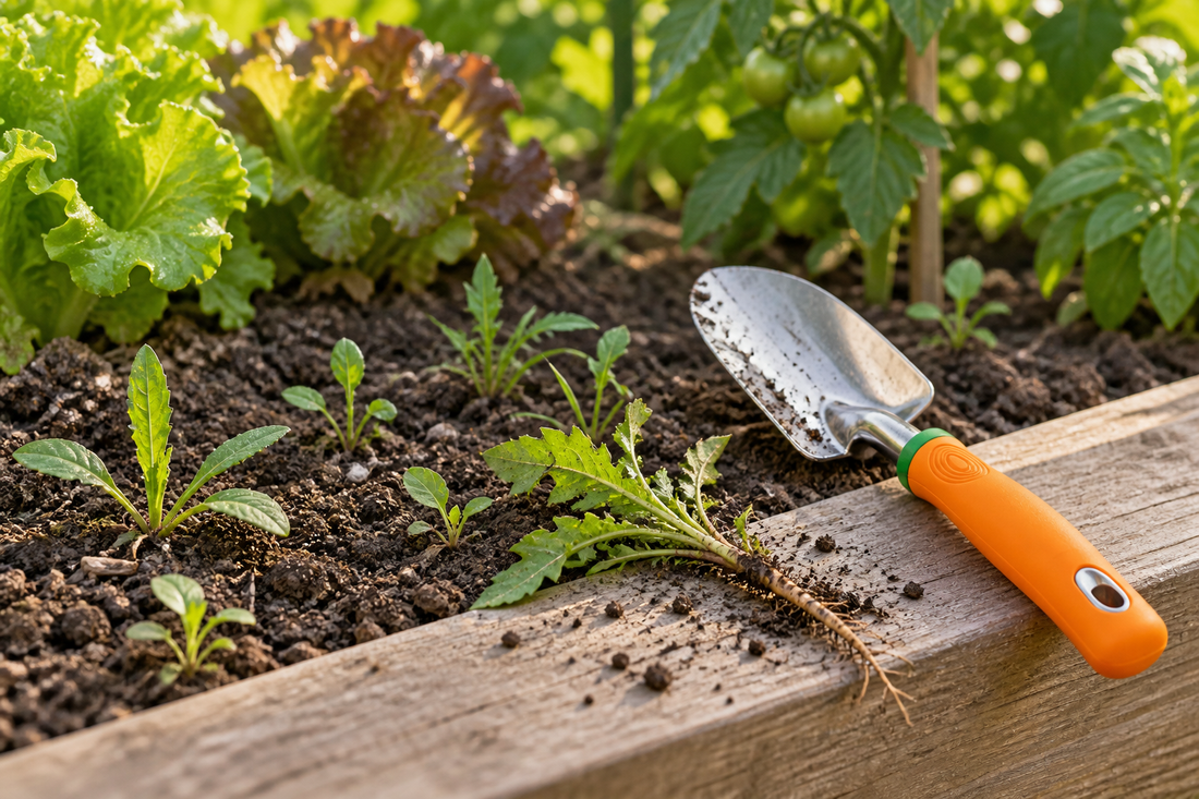 AI-generated illustration of a lifted weed and orange-handled trowel beside a vegetable bed
