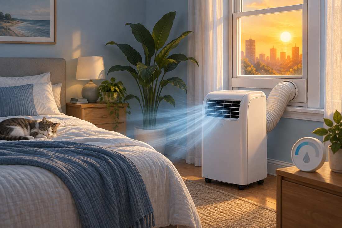 AI-generated illustration of a portable air conditioner cooling a bedroom during humid late-summer weather