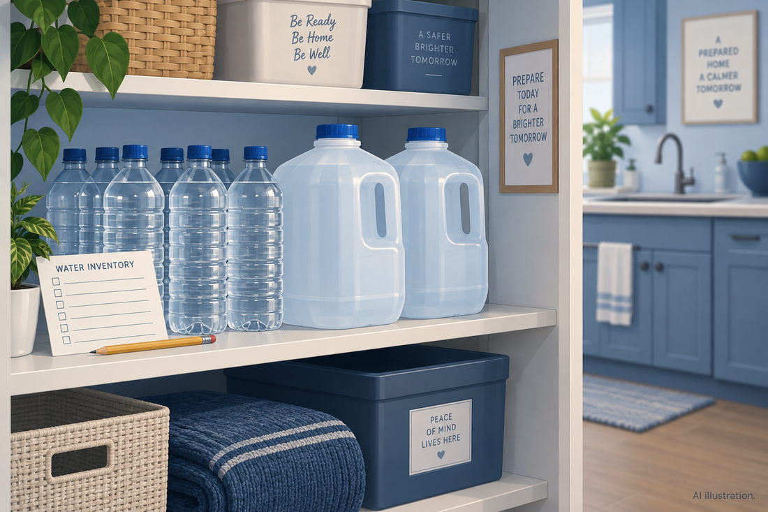 AI illustration of sealed emergency drinking-water containers stored on a cool indoor pantry shelf