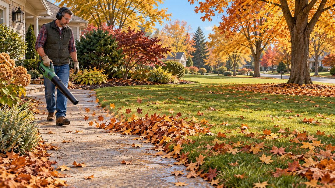 AI-generated illustration of a homeowner mulching a thin scattering of fall leaves on a lawn; not a product photo or lawn-care test.