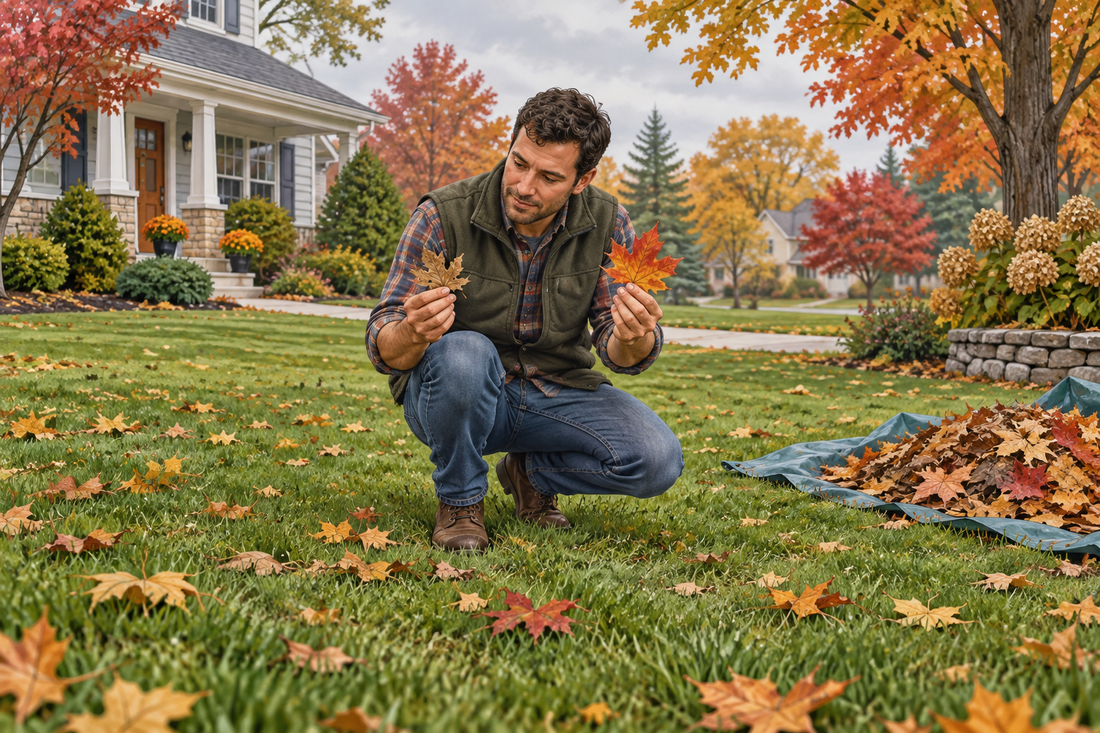 AI illustration of a homeowner assessing scattered autumn leaves on a lawn beside a small collection tarp; illustrative, not a lawn-care result.