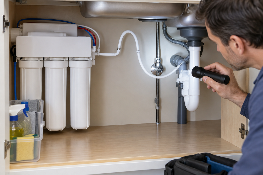AI-generated illustration of inspecting a tankless reverse-osmosis drain line under a sink