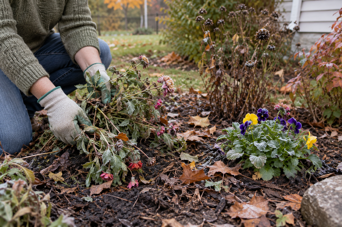 AI illustration of gloved hands clearing frost-damaged summer flowers beside hardy pansies in a fall garden