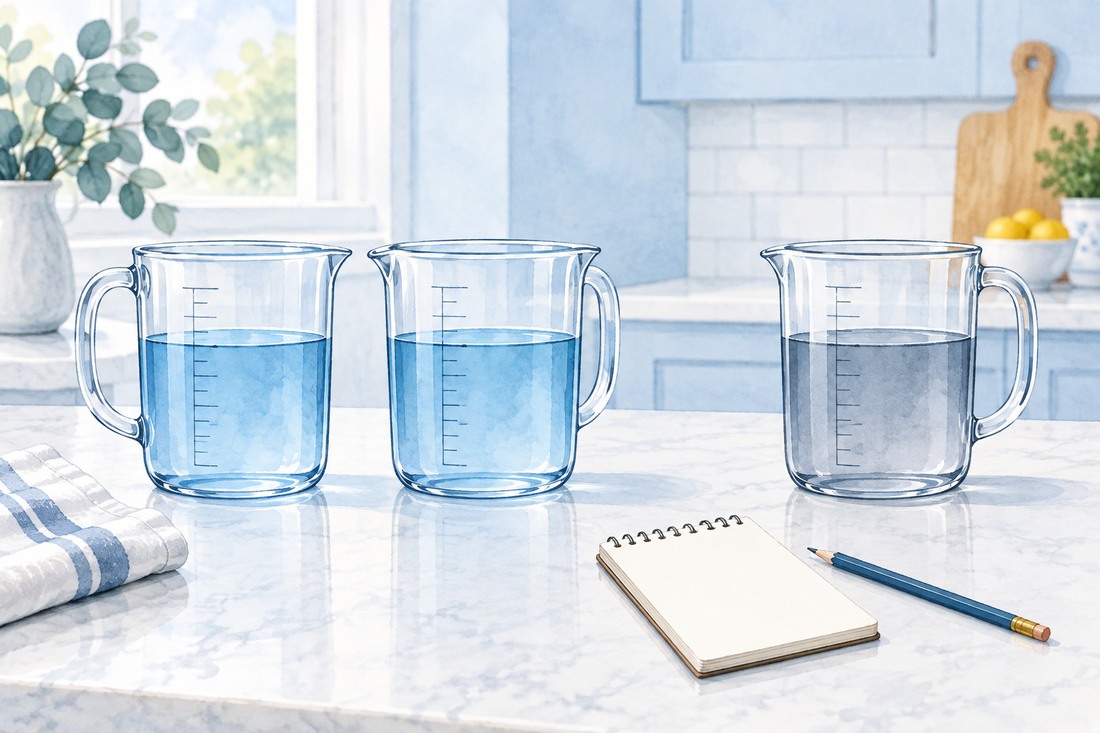 AI-generated conceptual illustration of three equal water volumes for explaining RO ratio wording