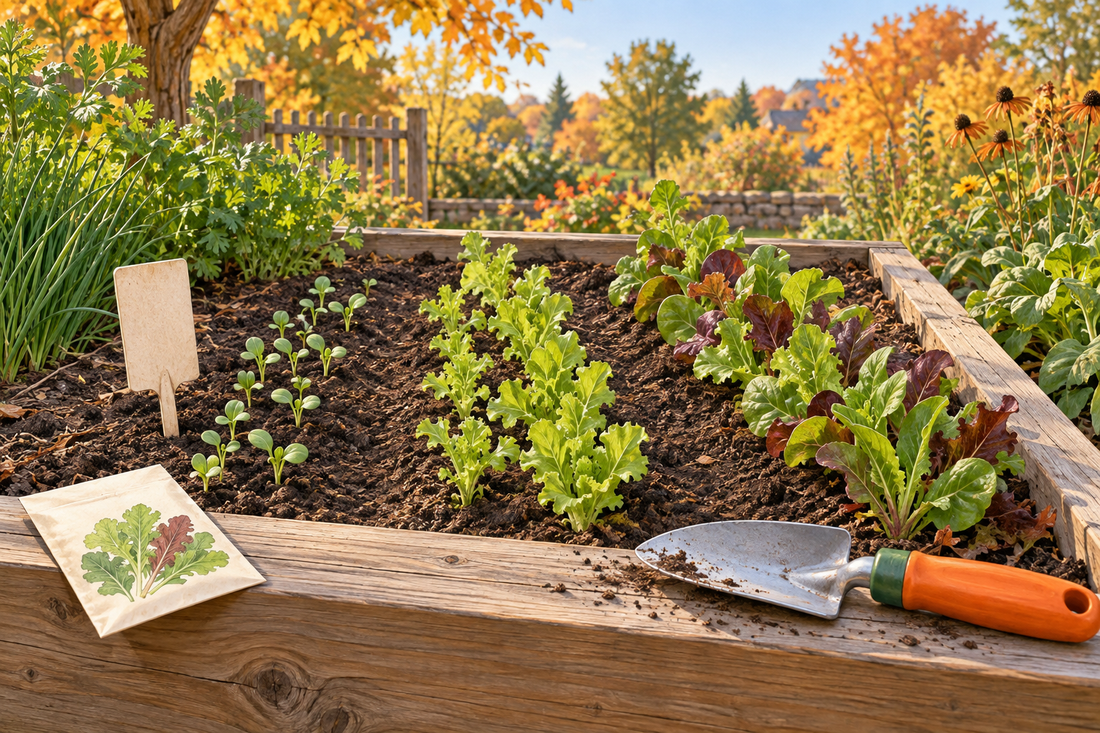 AI illustration of fall salad greens at different stages in a raised bed; not a real harvest or product test