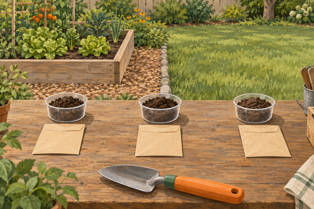 AI illustration of separate soil containers, a hand trowel and distinct lawn and raised-bed areas.