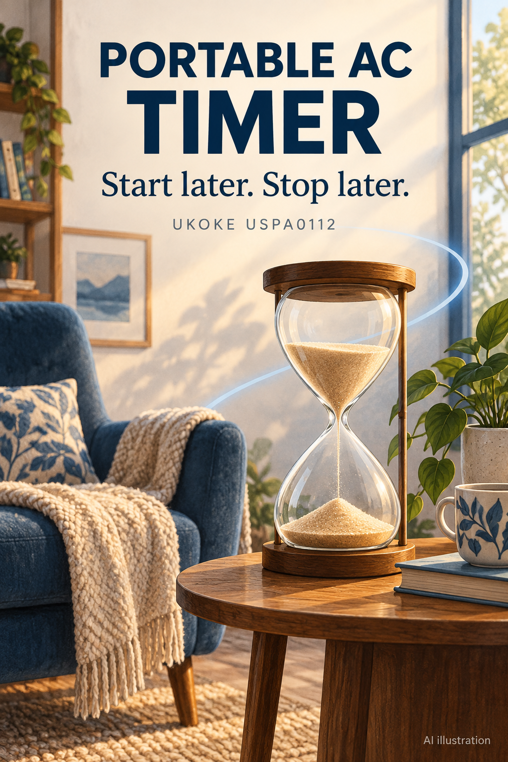 AI illustration of an hourglass beside a reading chair, with Portable AC Timer and Start later. Stop later. text; a timing metaphor, not an included accessory.