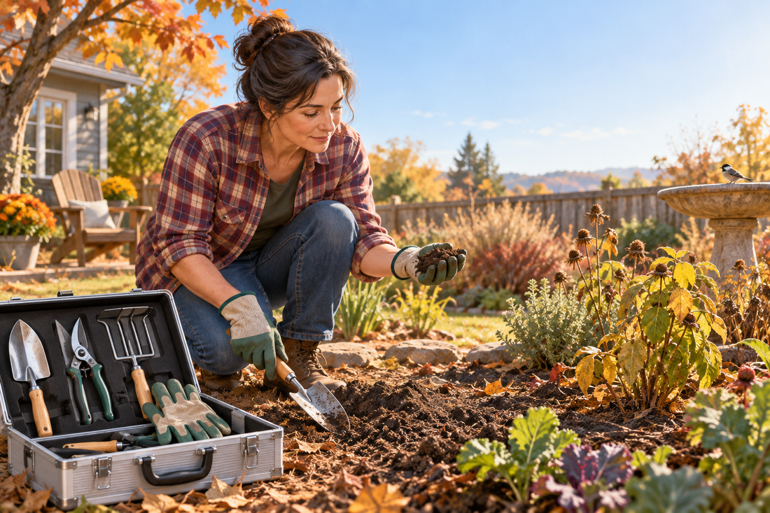 AI illustration of a gardener inspecting dry soil with hand tools in an early-fall garden