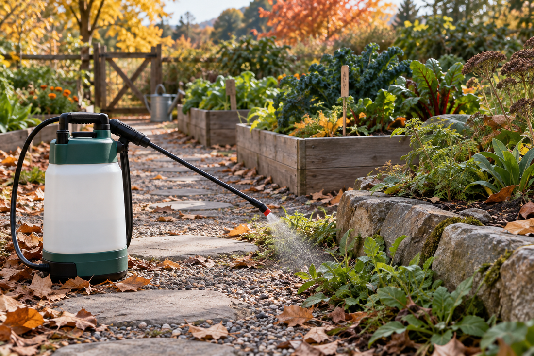 AI-generated illustration of a cordless garden sprayer near an autumn garden bed
