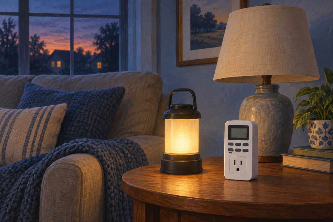 AI illustration of an unlit table lamp, a separate battery lantern, and an unplugged digital outlet timer