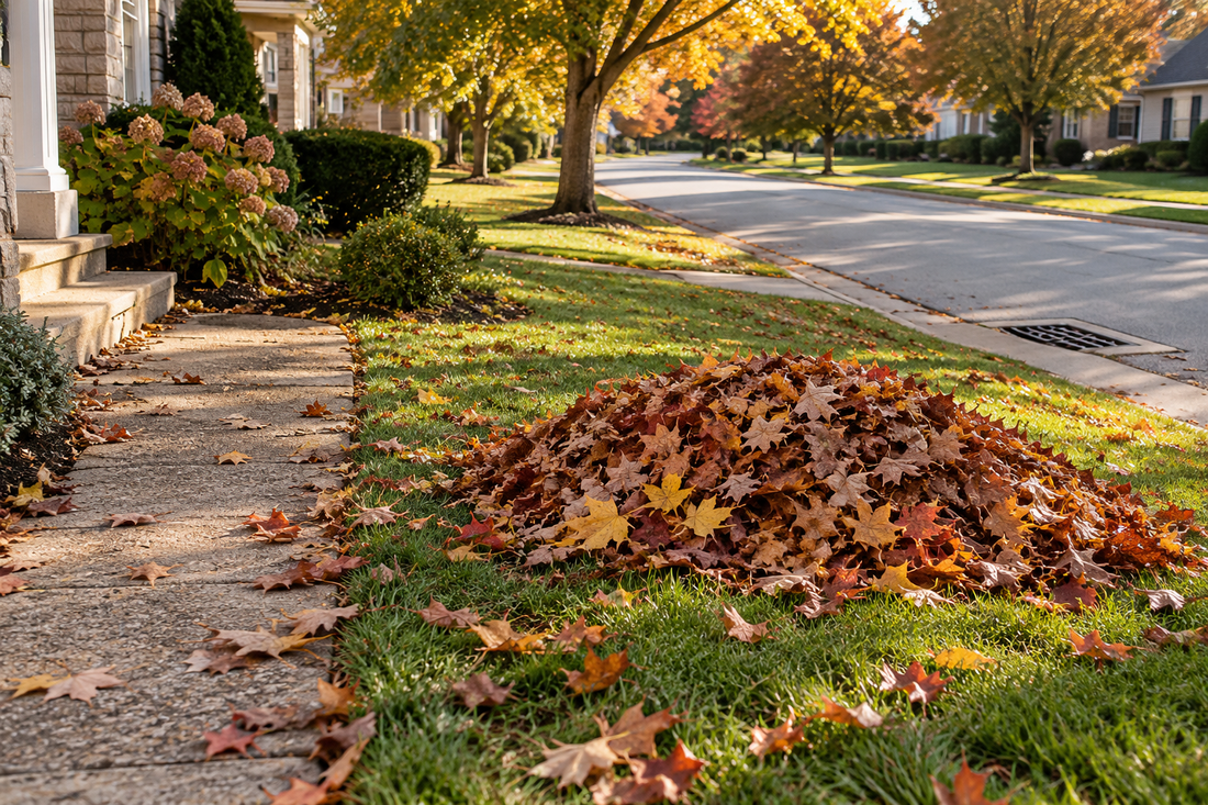 AI illustration of fallen leaves gathered on a lawn beside a clear walkway and storm drain