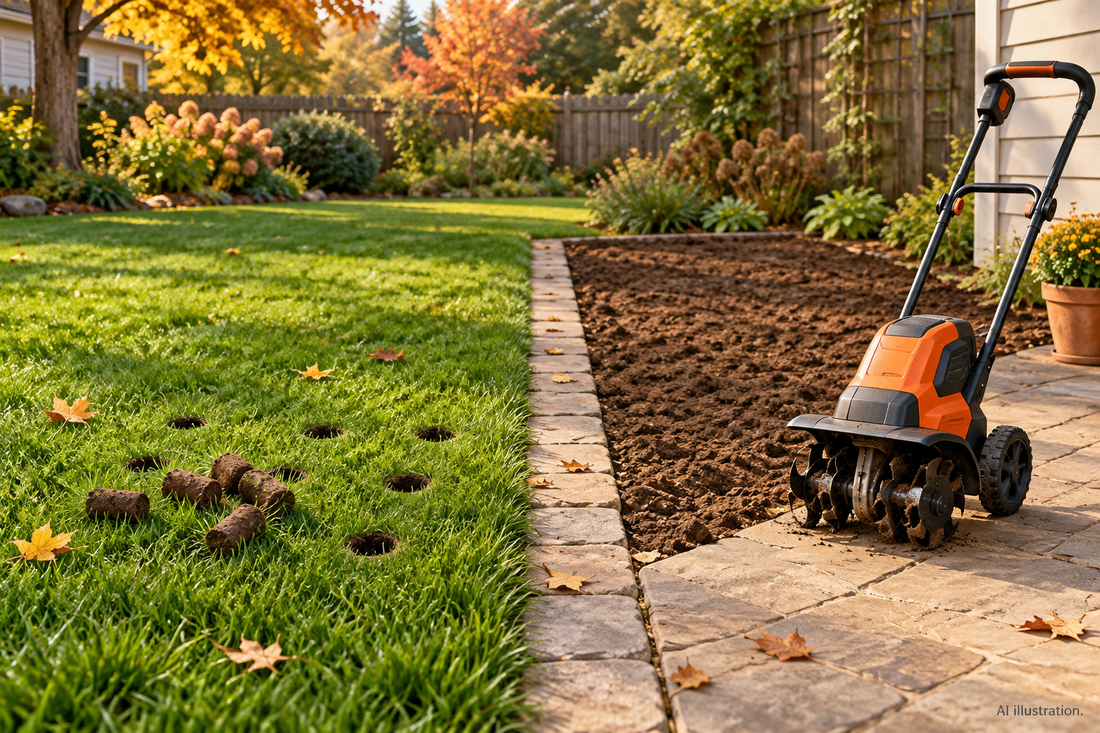 AI illustration comparing small soil cores in an intact lawn with cultivated soil in a separate bare garden bed