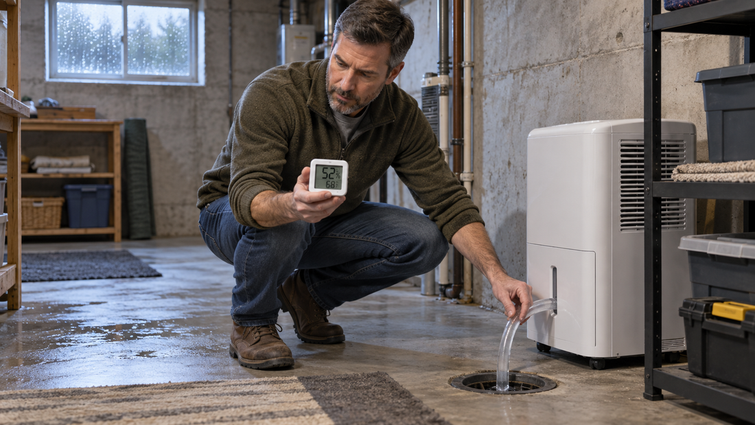 AI-generated illustration of checking a dehumidifier drain and humidity reading