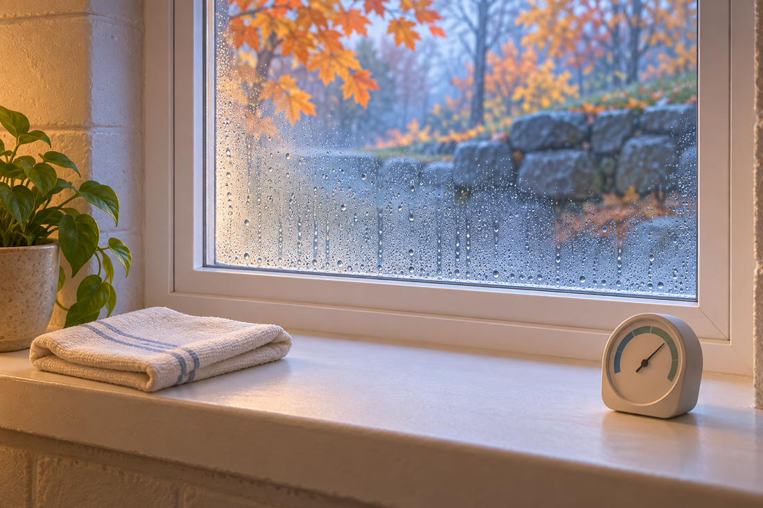 AI illustration of autumn window condensation with a cloth and an unnumbered humidity gauge