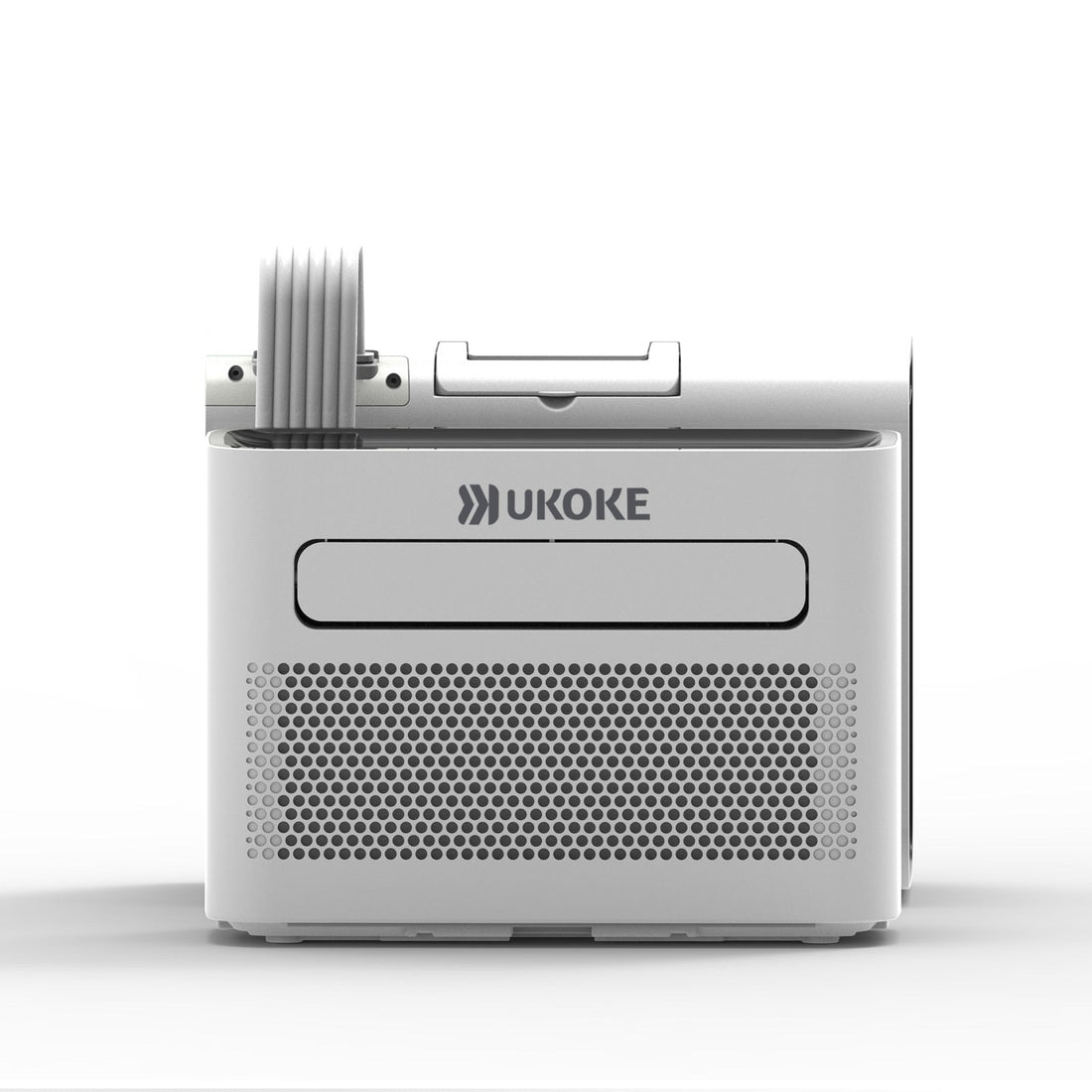 Compact white smart portable air conditioner with front vents and top handle
