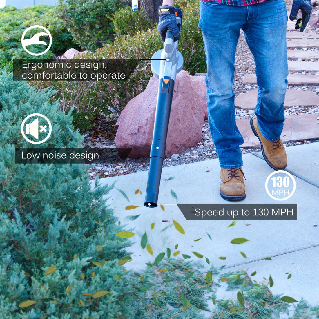 Person using ergonomic cordless leaf blower on garden path, blowing leaves, low noise, 130 MPH speed