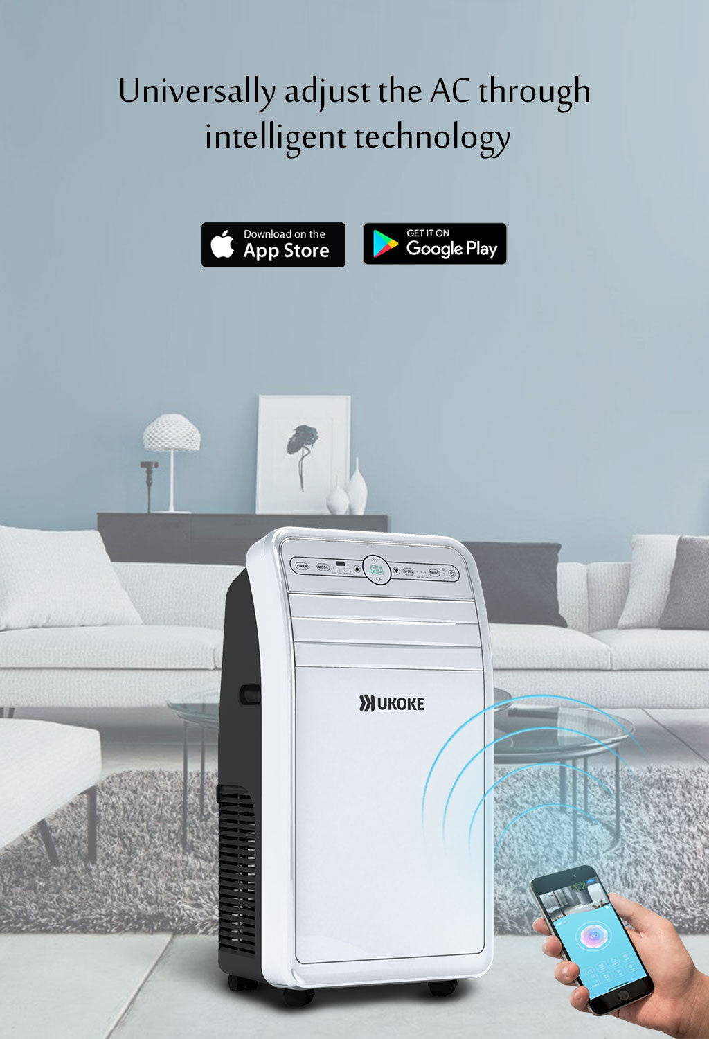 Smart portable air conditioner in modern living room, controlled via mobile app.