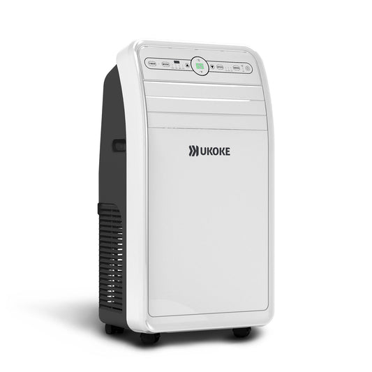 Portable smart air conditioner with digital controls and wheels, white and black design.