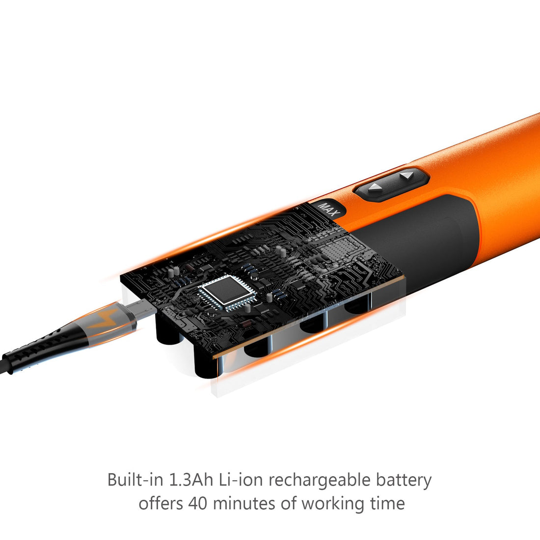 Close-up of an orange electric screwdriver showing internal battery and circuit board, USB charging