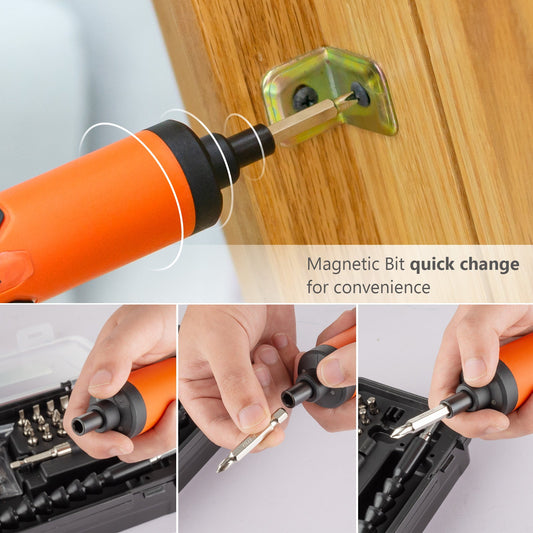 Cordless electric screwdriver with magnetic bit quick change feature and accessory kit