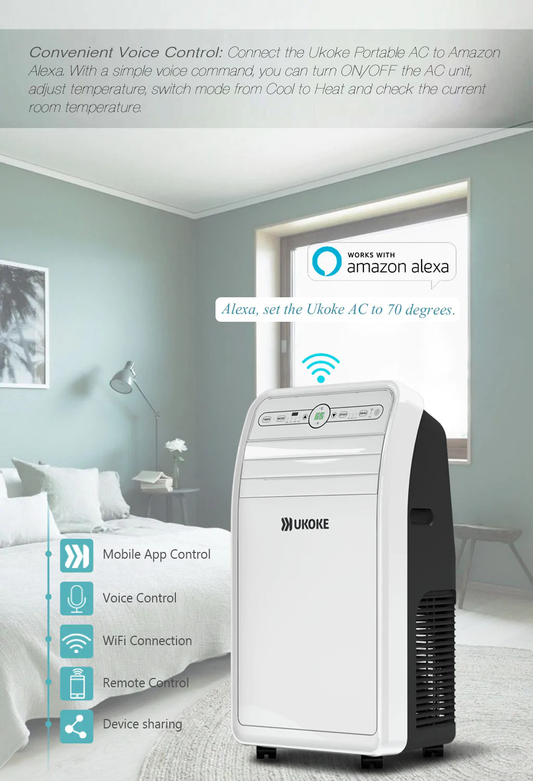 Smart portable air conditioner in a bedroom, compatible with Alexa, featuring WiFi and remote control.