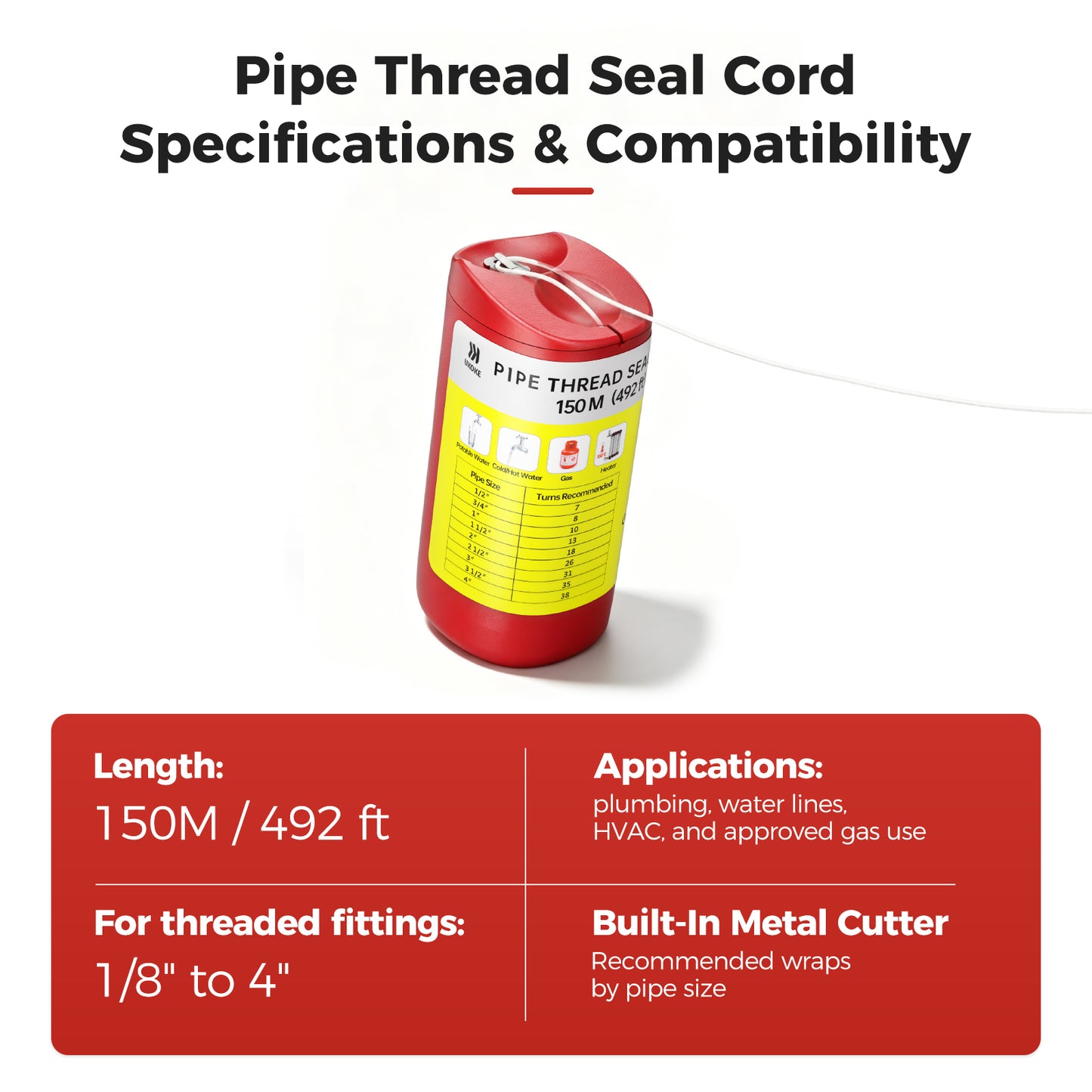 Ukoke 492ft PTFE Pipe Thread Sealant Cord for NPT Fittings (1/8”–4”) – Professional Plumber’s Grade Thread Seal String – Leak-Proof Upgrade for Water, Gas, HVAC & Solar – 150m