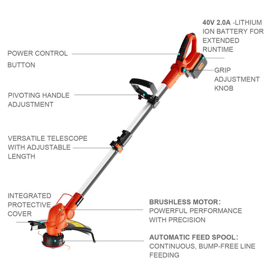UKOKE ST2308 40V Professional Cordless Grass String Trimmer | Includes 2.0Ah Battery & Charger | 13-Inch Dual Line Feed | Brushless Motor | Ideal for Precision Lawn Trimming and Brush Cutting Visit the Ukoke Store