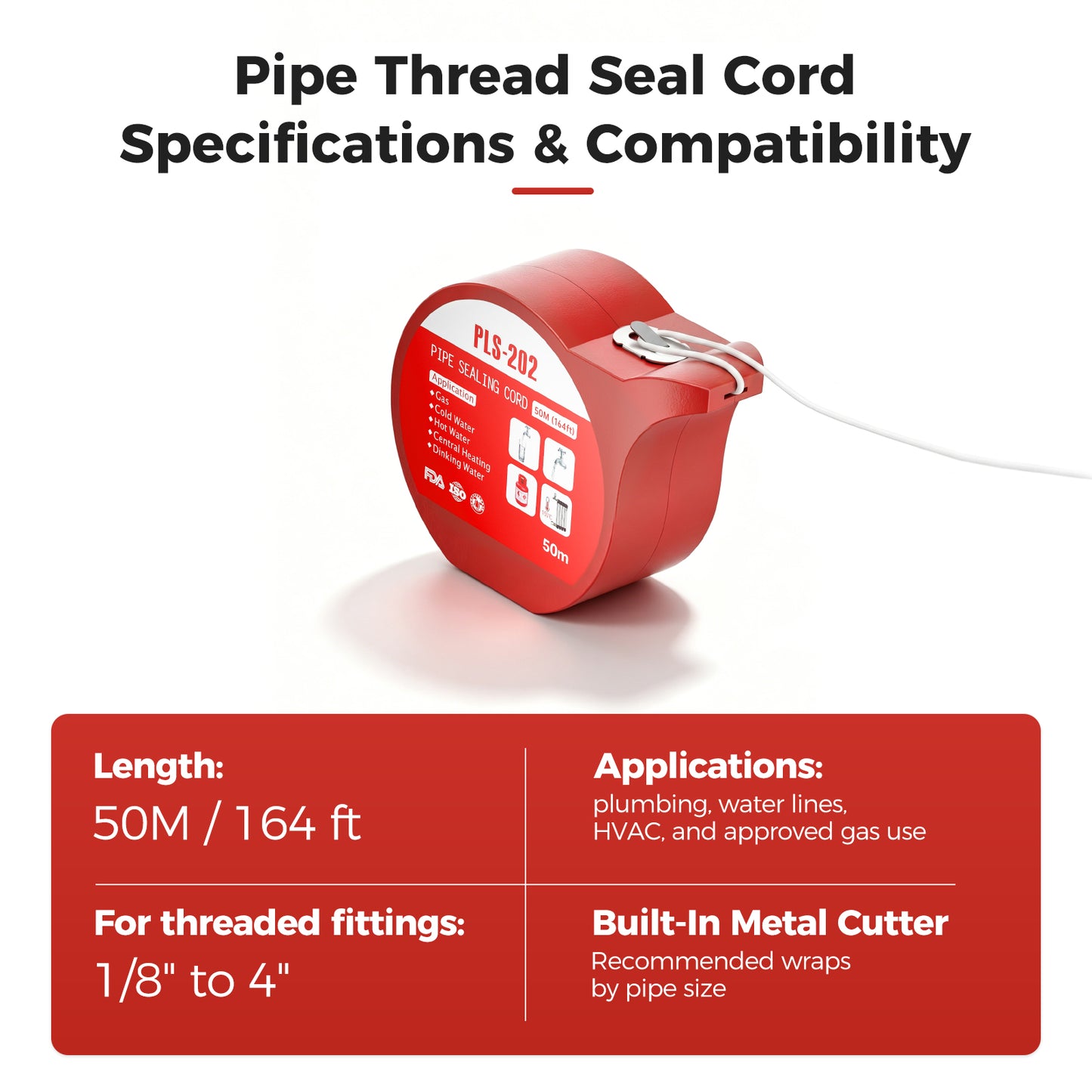 Ukoke 164ft  Pipe Thread Sealant Cord for NPT Fittings (1/8”–4”) – Professional Plumber’s Grade Thread Seal String – Leak-Proof Upgrade for Water, Gas, HVAC & Solar – 50m