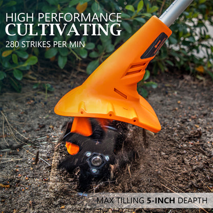 Ukoke Cordless Tiller Cultivator 40V 2.0 A Battery 280 max RPM Powered Tiller Cultivator, w/24 Steel Blade Cultivate Max Tilling 5'' deep Path by 7.8'' Wide, Orange, CT1940