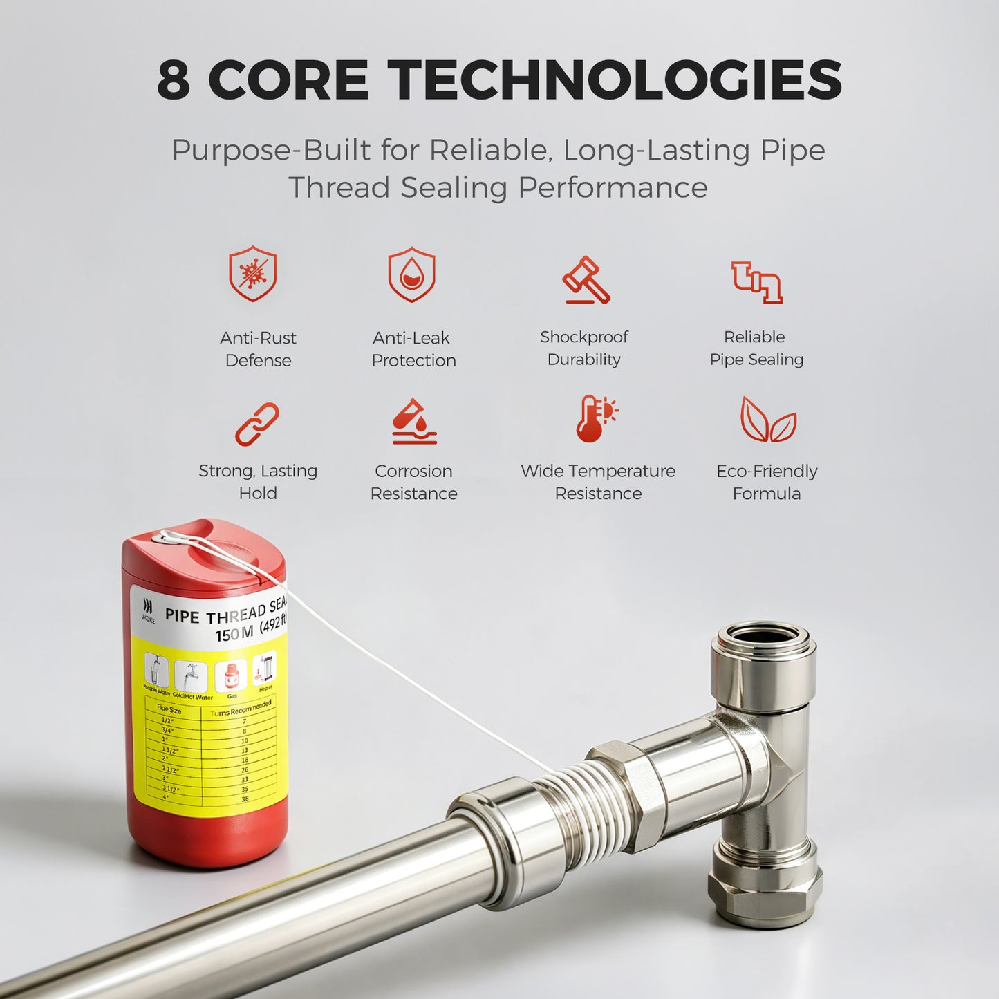 Ukoke 492ft PTFE Pipe Thread Sealant Cord for NPT Fittings (1/8”–4”) – Professional Plumber’s Grade Thread Seal String – Leak-Proof Upgrade for Water, Gas, HVAC & Solar – 150m