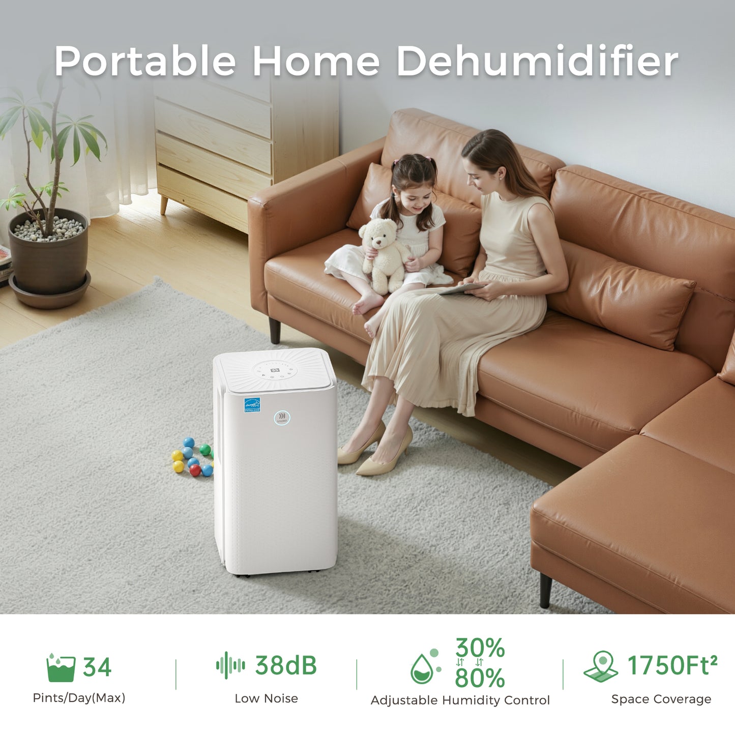 Ukoke 32 Pint Dehumidifier for 1750 Sq. Ft | Energy Star Most Efficient, Auto Drain, 3 Smart Modes, Quiet Operation | Portable Moisture Remover for Medium Rooms, Basements, Bedrooms, RVs
